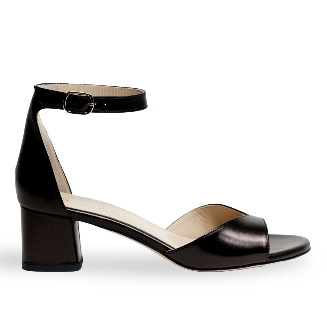 Chiara Sandal | Black Leather Block Mid-Heels | Elizée Shoes