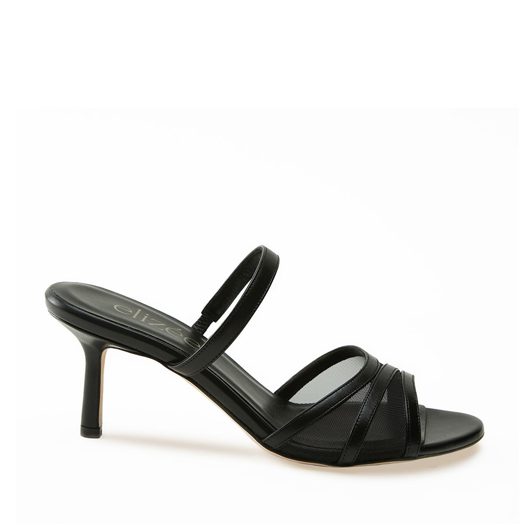 Crystal Sandal | Black Leather Mid-Heel Mules | Elizée Shoes