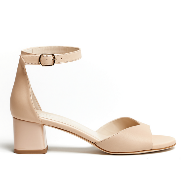 Chiara Sandal | Beige Leather Block Mid-Heels | Elizée Shoes